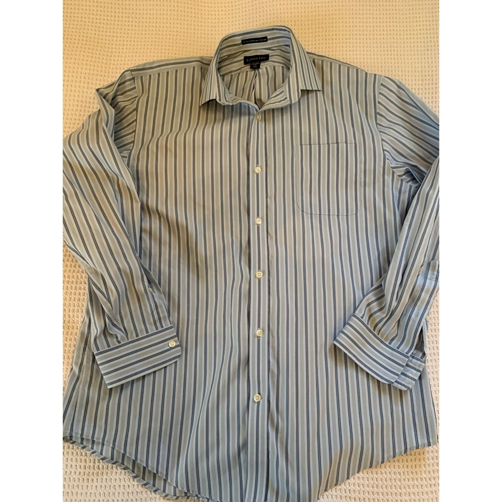 Lands End Shirt Mens M Blue Pink Striped Button Down Long Sleeve Traditional Fit
